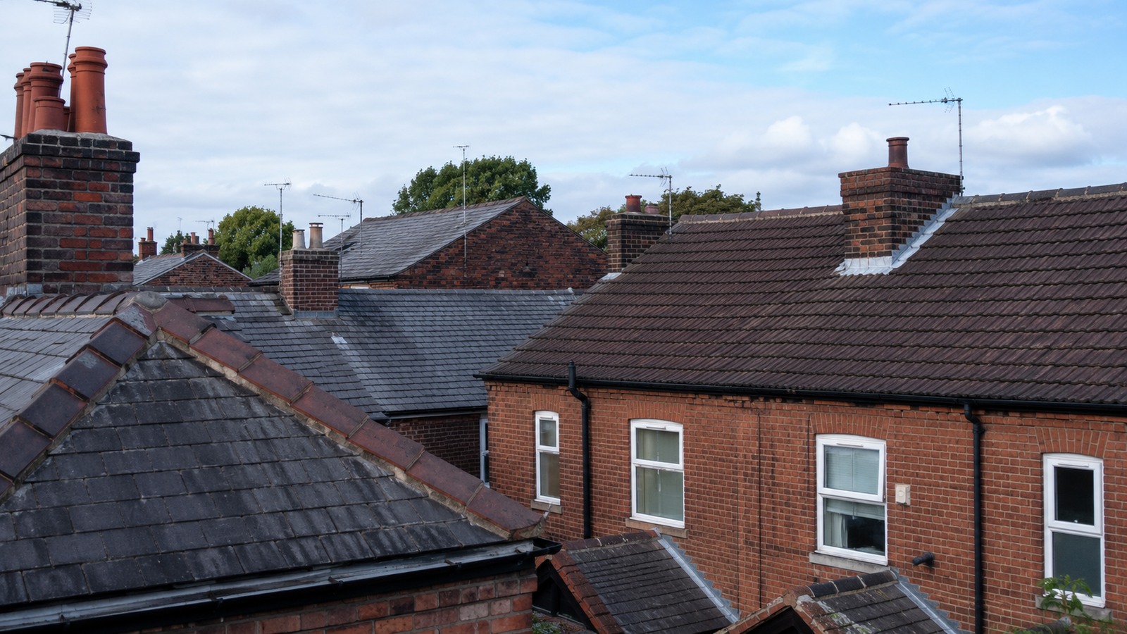 Residential roofscape with chimneys and pitched roofs